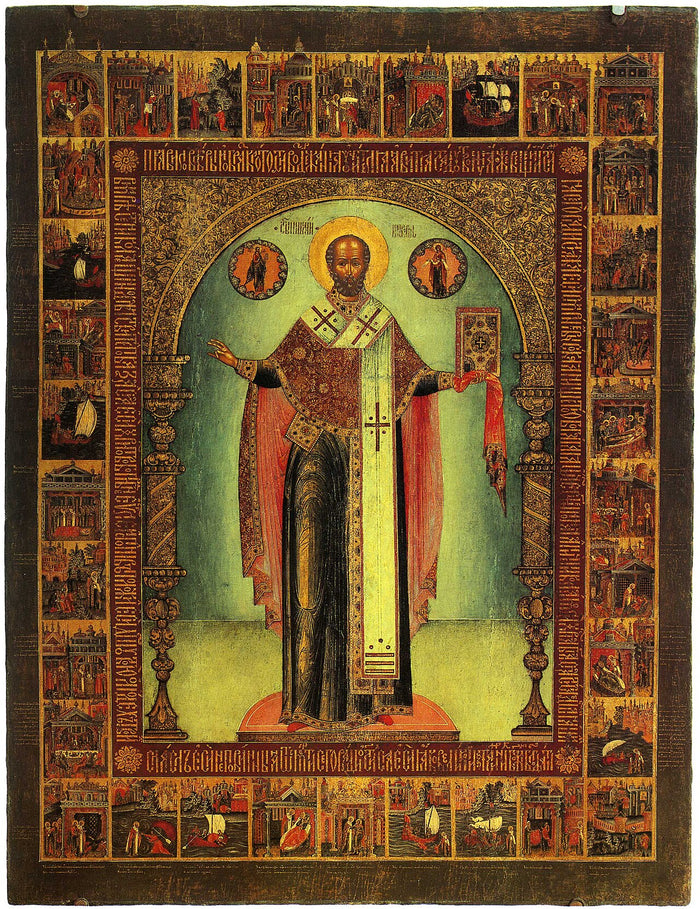 Semen Spiridonov Kholmogorets, 1685: Russian icon of Saint Nicholas blessing, surrounded by border scenes of his life and miracles.