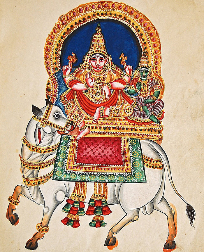 Śiva and Pārvatī riding the bull Nandi, circa 1830. A South Indian painting of the couple with their divine mount.