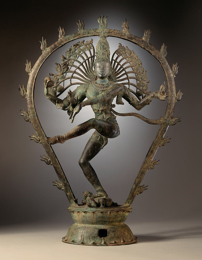 Shiva as Lord of the Dance, bronze made between about 950 and 1000, encircled by a flaming arch.