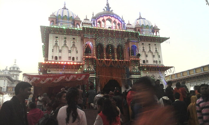 Shree Janaki Temple in Janakpur, Nepal, lit up for a festival; the temple is devoted to Sita.