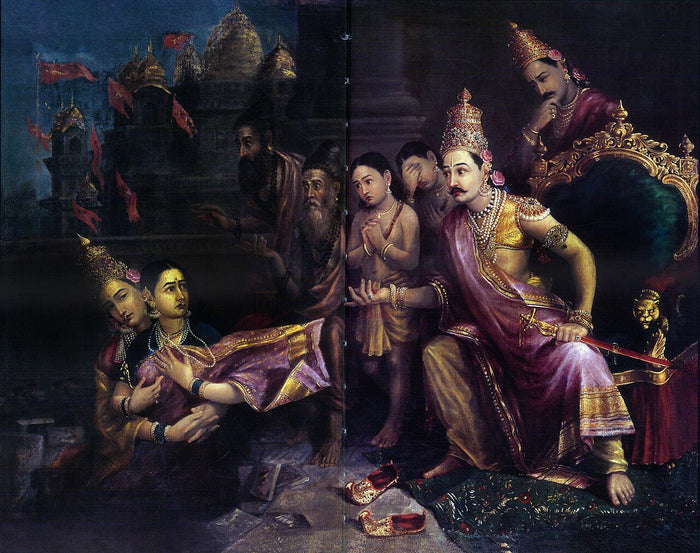 1880 painting of Sita Bhumipravesh: Sita being received into the earth before Rama, their sons and sages.