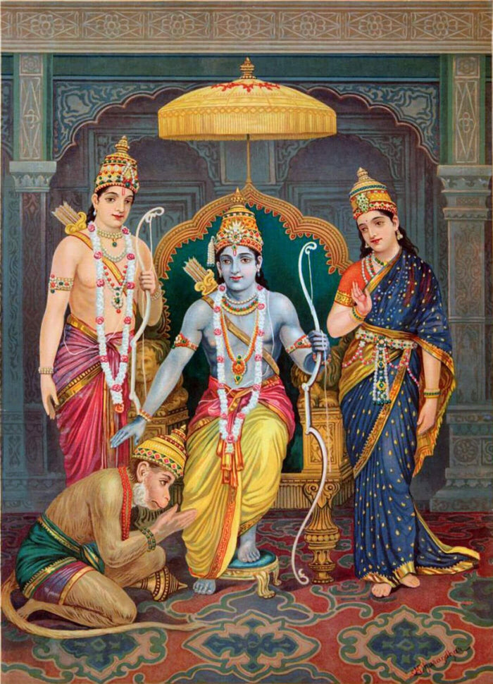 Print of Rama enthroned with Sita and Lakshmana, Hanuman bowing at Rama's feet: the classic Rama Darbar composition.