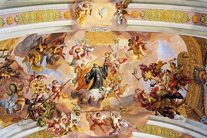 Johann Michael Rottmayr's Baroque ceiling at Melk Abbey shows Benedict's triumphal ascent to heaven among angels.