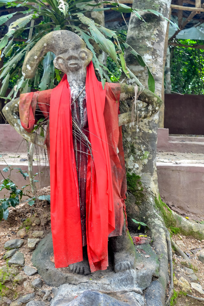 Statue of Ogun at the Sacred Grove of Oshun, 2016, wrapped in red cloth and palm fronds as offerings.