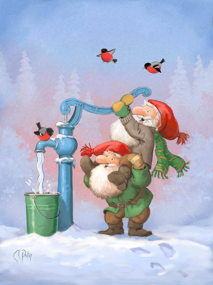 Two bearded gnomes in red caps and scarves work a village water pump while bullfinches watch, showing the familiar tomte/nisse look.