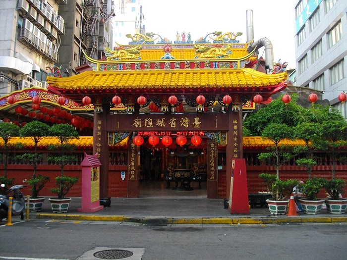 Façade of the Taiwan Provincial City God Temple in Taipei, with lanterns and decorated roofline, 2014.