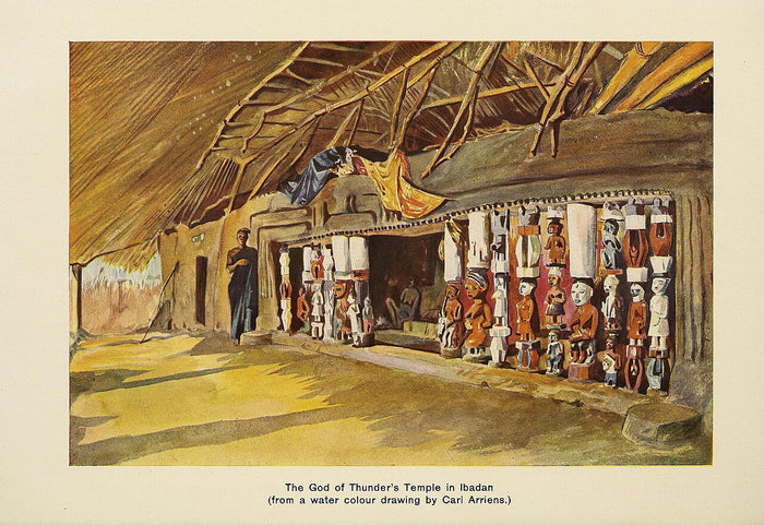 Temple of Sango in Ibadan, 1913 watercolour: carved posts of devotees in the god of thunder's shrine.