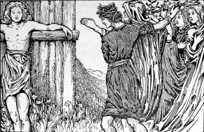 Collingwood's 1908 illustration shows the gods hurling missiles at Baldr, who stands unharmed against a post.
