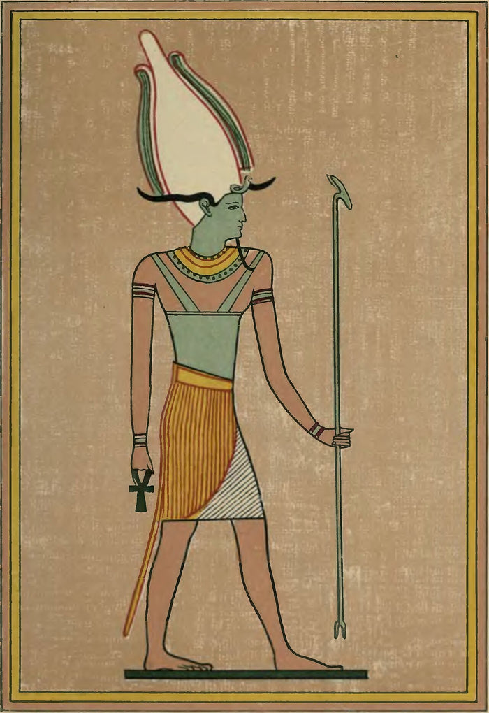 Osiris in a 1917 book illustration, shown with the white Atef crown, crook, ankh and green skin.