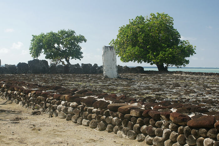 Taputapuātea marae on Raiatea, a major ceremonial site of Polynesian religion, with its upright stone and paved court.