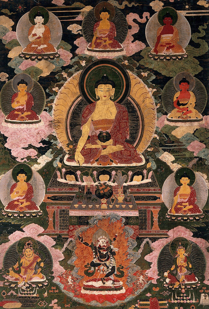 Tibetan gouache thangka of the Medicine Buddha enthroned, surrounded by seven other Buddhas and a wrathful protector below.