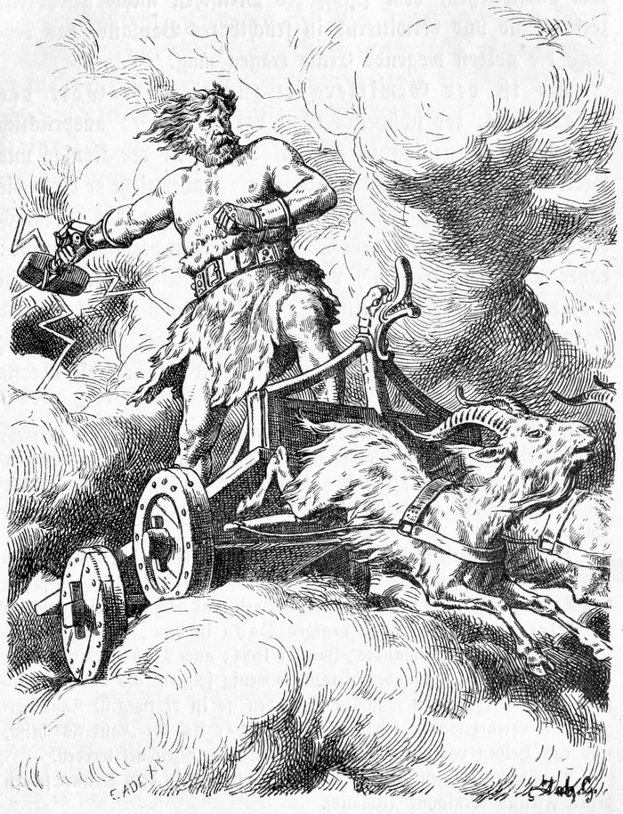 1888 illustration of Thor with hammer and lightning, riding a goat-drawn chariot through the clouds.