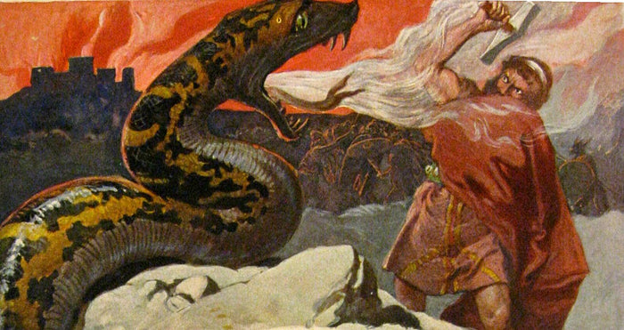 Illustration, published around 1905, of Thor raising his hammer against the giant Midgard Serpent.