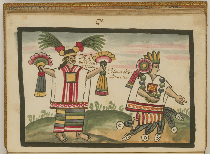 Toci and Xochiquetzal, labeled as Mexican goddesses in a 1585 colonial-era manuscript; she holds floral fans.