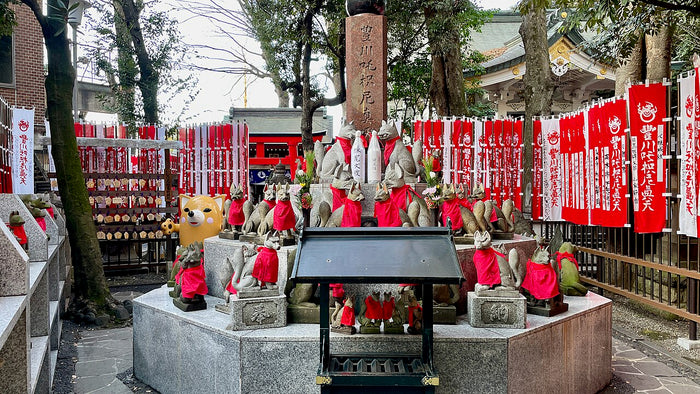 Toyokawa Inari Betsuin, with many fox statues in red bibs, shows Inari/Dakiniten worship at a Buddhist temple.