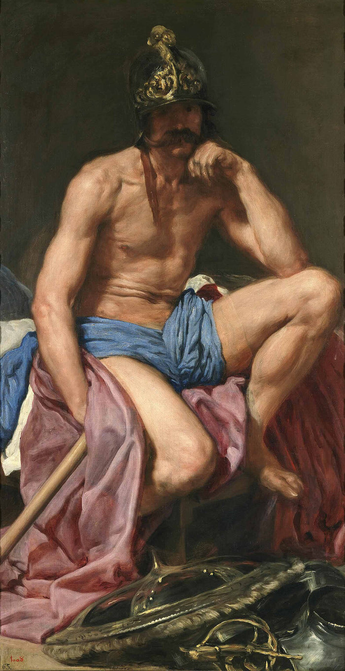 Velázquez's Mars Resting (c. 1640): the war god sits helmeted and weary, with shield and armour at his feet.