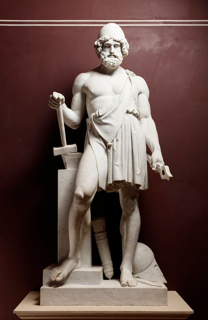 Marble statue of Vulcan (1861) with hammer, tongs and helmet, the attributes of the divine blacksmith.
