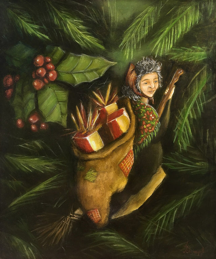 Painting of Befana among pine branches and holly, carrying a sack of gifts and her broom.