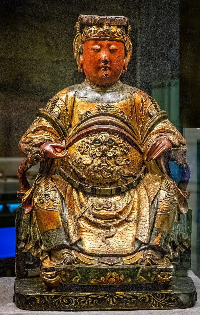 Gilded and lacquered wooden seated figure of Mazu in court dress with a crown, late 19th century.