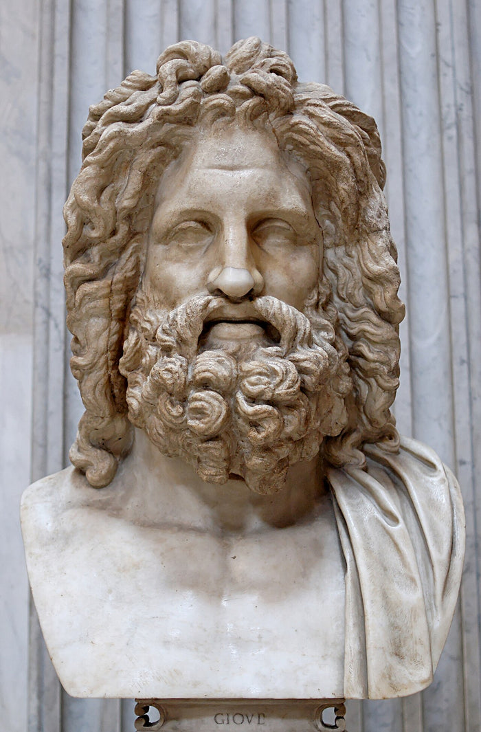 Roman marble bust of Zeus (Otricoli type, Pio-Clementino), showing the bearded, long-haired, majestic ideal of the king of the gods.