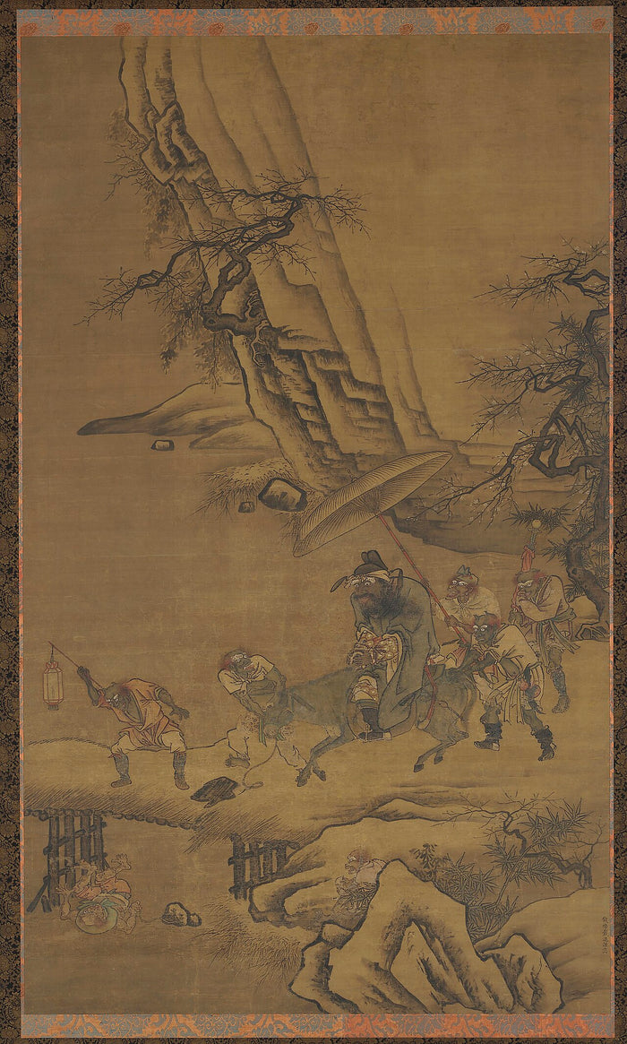 Ming-era hanging scroll (16th century): Zhong Kui riding under an umbrella, with demon attendants crossing a bridge.