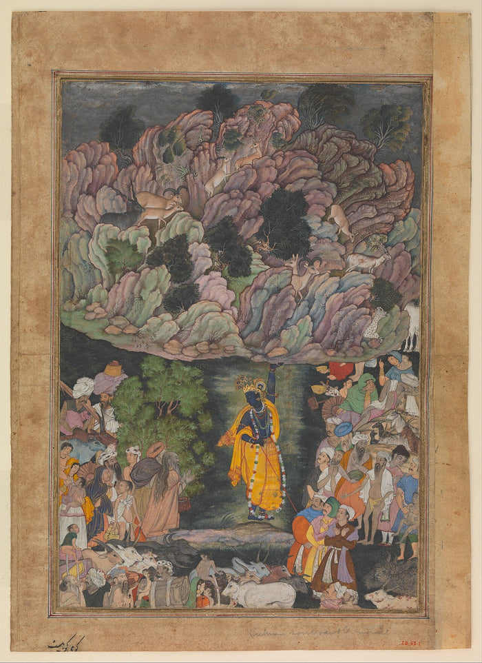 Mughal-era miniature, circa 1590, showing Krishna holding up Mount Govardhan to shelter villagers and cattle.