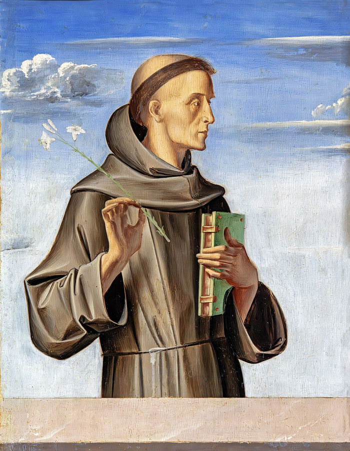 Alvise Vivarini's Sant'Antonio da Padova, Correr Museum, Venice: a Franciscan holding the lily and book, his usual attributes.