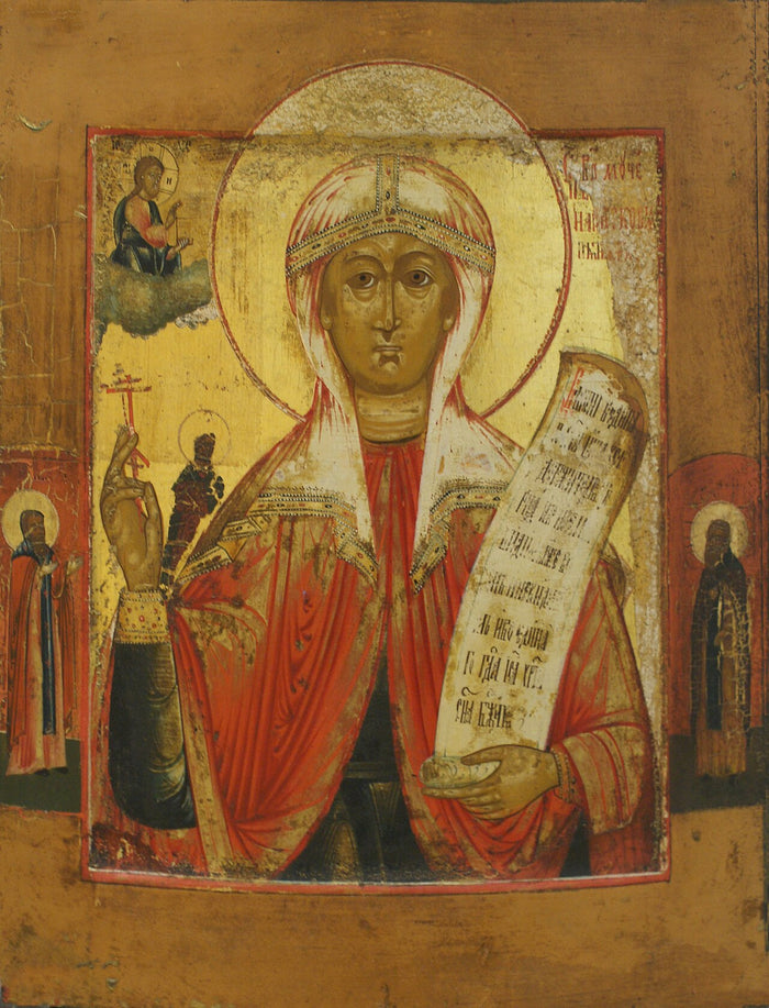 Belarusian icon of Great Martyr Paraskeva Pyatnitsa, 1800–1850. She holds a cross and scroll, and is the saint often linked to Mokosh's cult.