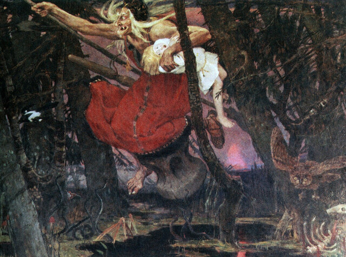 Baba Yaga flying in her mortar, painted in the early 20th century; shows her classic airborne image with wild hair.
