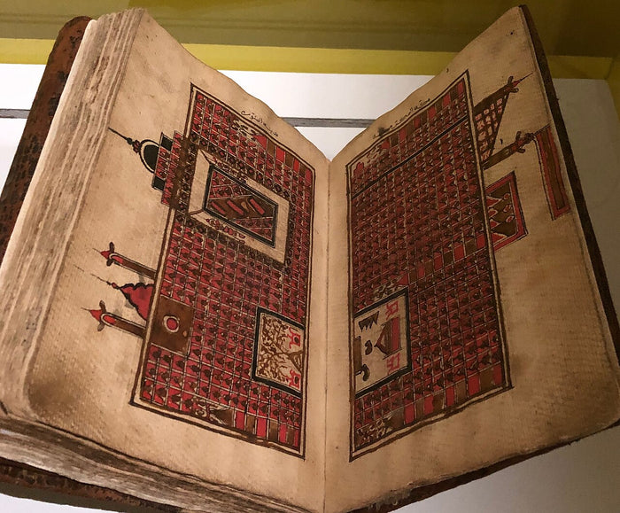 Manuscript double page with a schematic plan of the Prophet's Mosque and its tomb, from a devotional text on Muhammad.