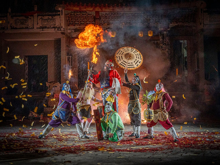 Taiwanese Zhong Kui and the Five Ghosts troupe in a fire-breathing ritual performance, showing the living exorcist tradition.