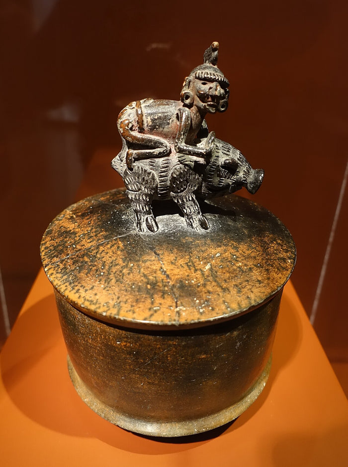 Lidded bowl, c. 200–450 AD, probably Campeche: Itzamna riding a peccary, a rare sculptural depiction of the god.