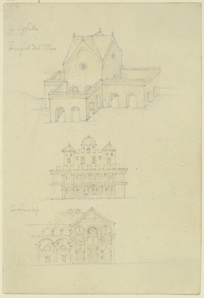 Drawing of the legendary temple of Odin at Uppsala, probably based on Adam of Bremen's description.