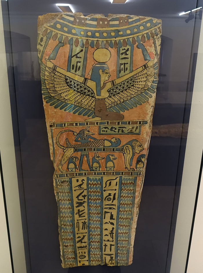 Coffin fragment with Nut and Anubis tending a mummy on a lion-shaped bier, Egypt, c. 100 BC–100 AD.