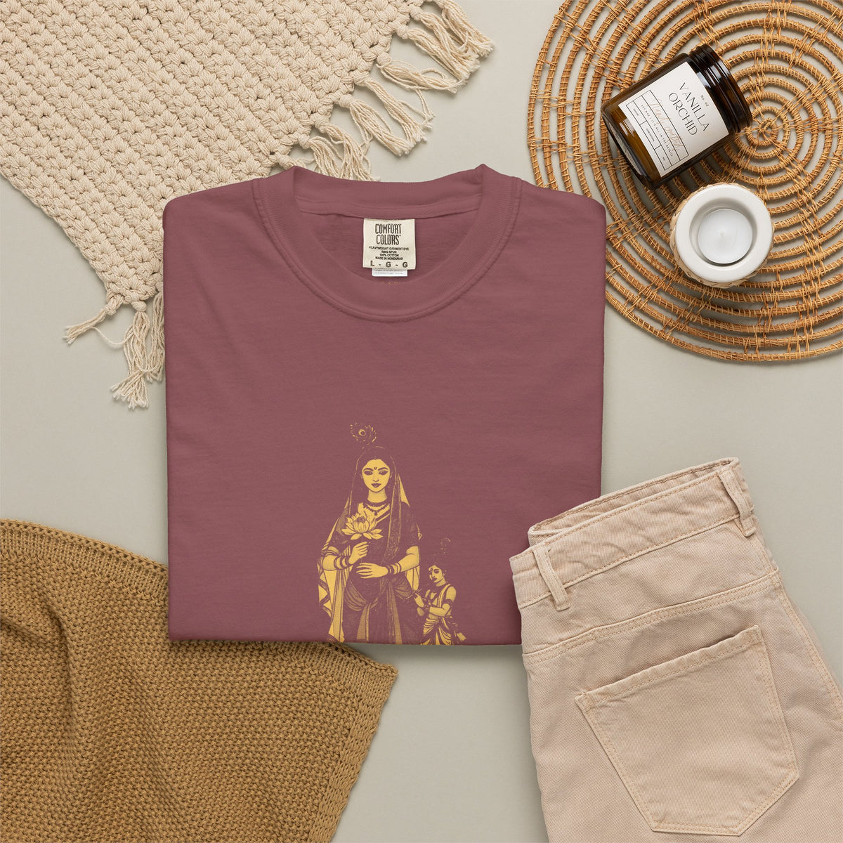 Radha · “Her name comes first.” — Garment-Dyed One-Ink Tee