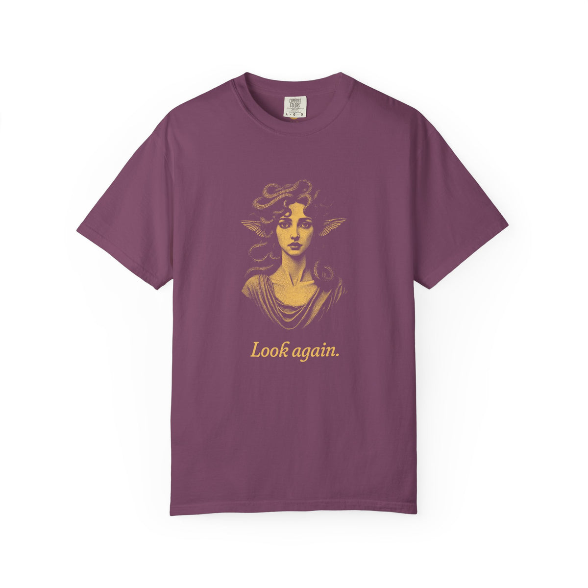 Medusa · “Look again.” — Garment-Dyed One-Ink Tee