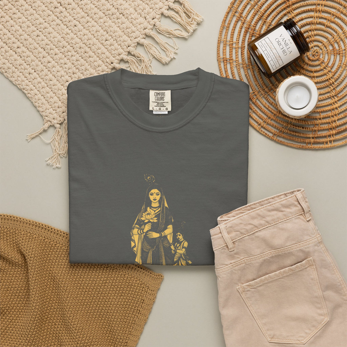 Radha · “Her name comes first.” — Garment-Dyed One-Ink Tee