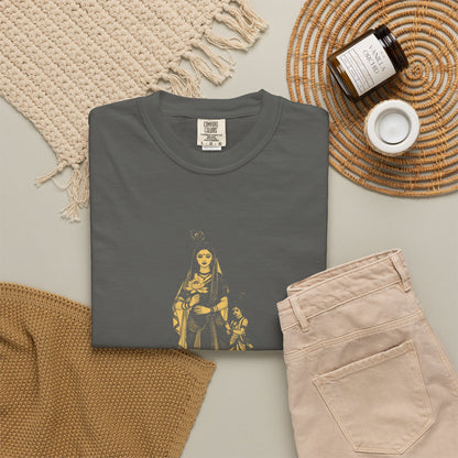 Radha · “Her name comes first.” — Garment-Dyed One-Ink Tee