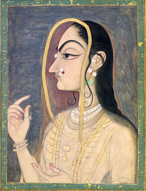 Radha, the Beloved of Krishna, Kishangarh, Rajasthan, c. 1750: the idealised profile portrait with sharp features the Kishangarh school is known for.