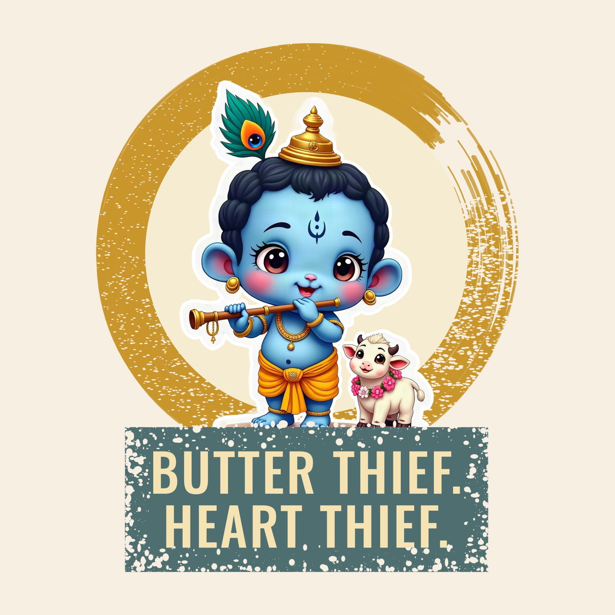 Design card: Krishna, “Butter thief. Heart thief.”