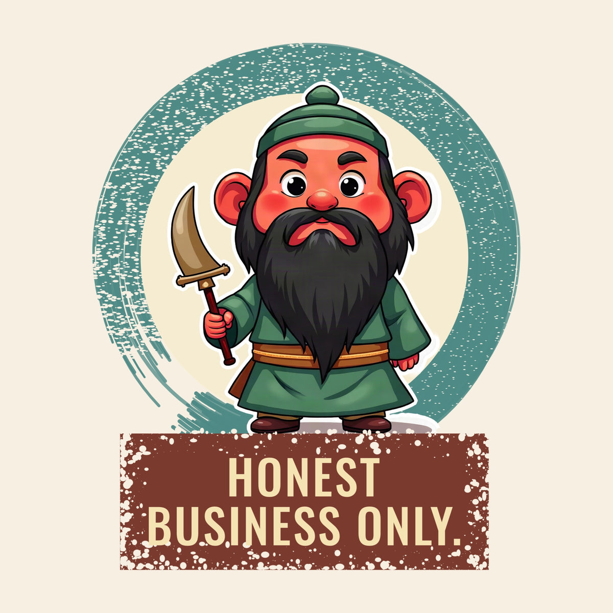 Design card: Guan Gong, “Honest business only.”
