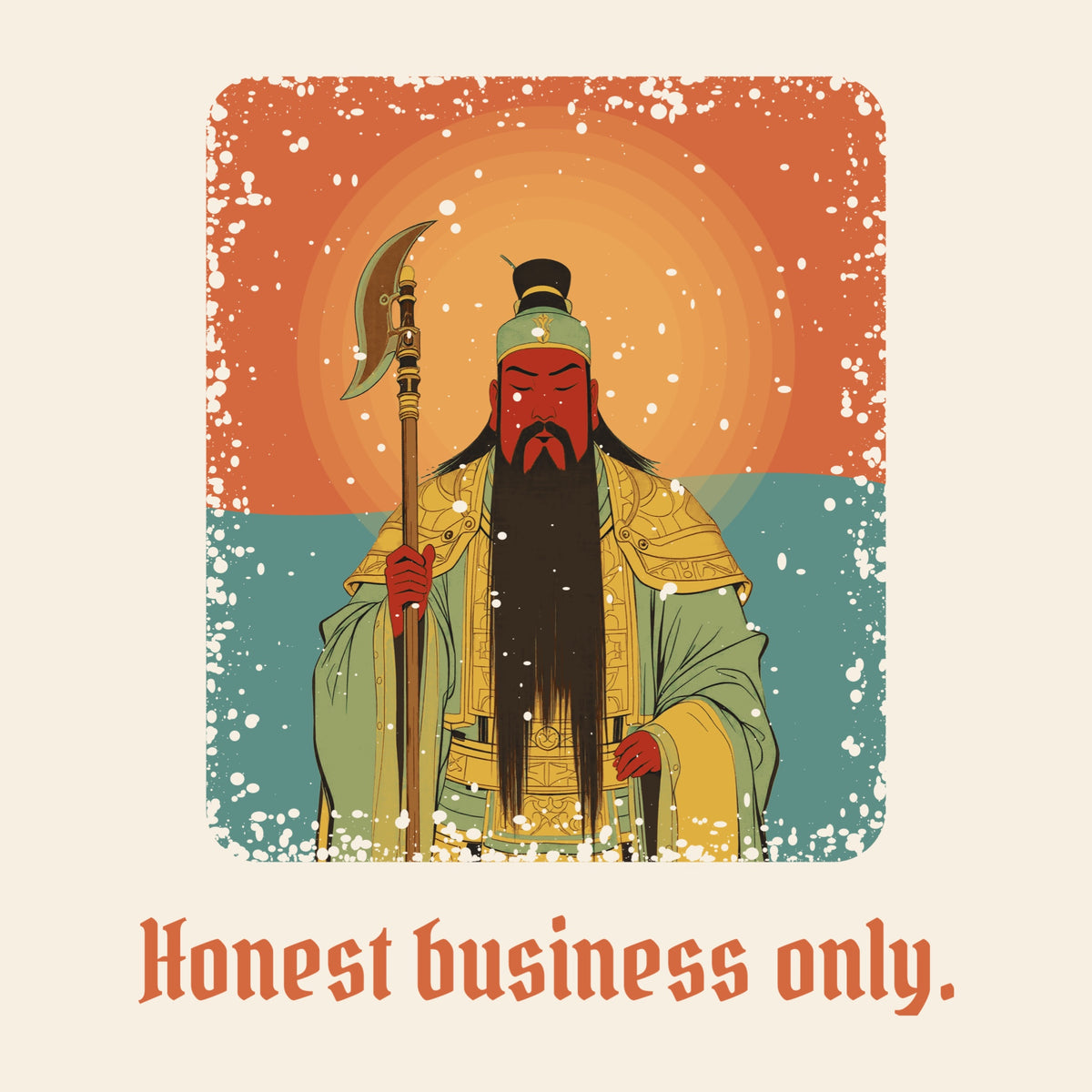 Design card: Guan Gong, “Honest business only.”
