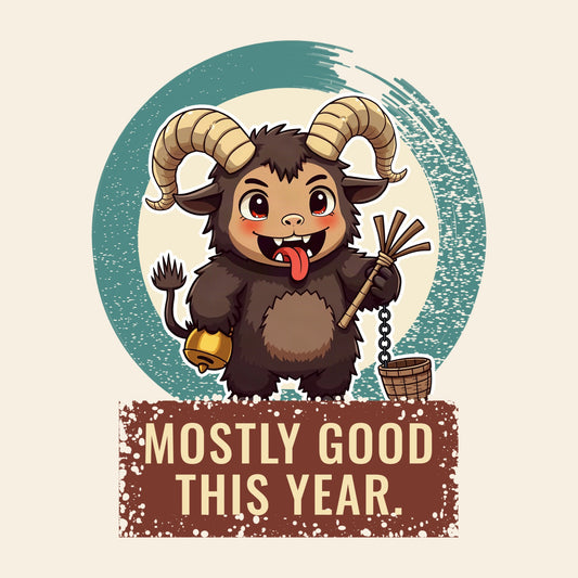 Design card: Krampus, “Mostly good this year.”