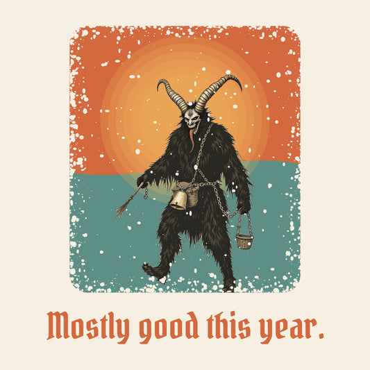Design card: Krampus, “Mostly good this year.”