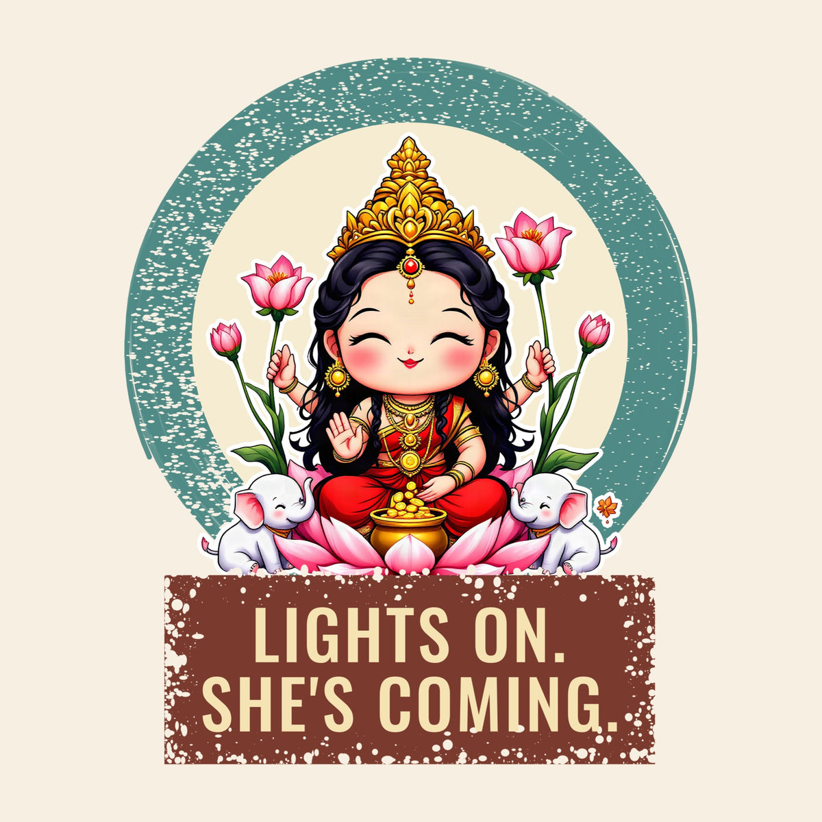 Design card: Lakshmi, “Lights on. She's coming.”