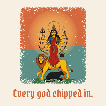 Design card: Durga, “Every god chipped in.”
