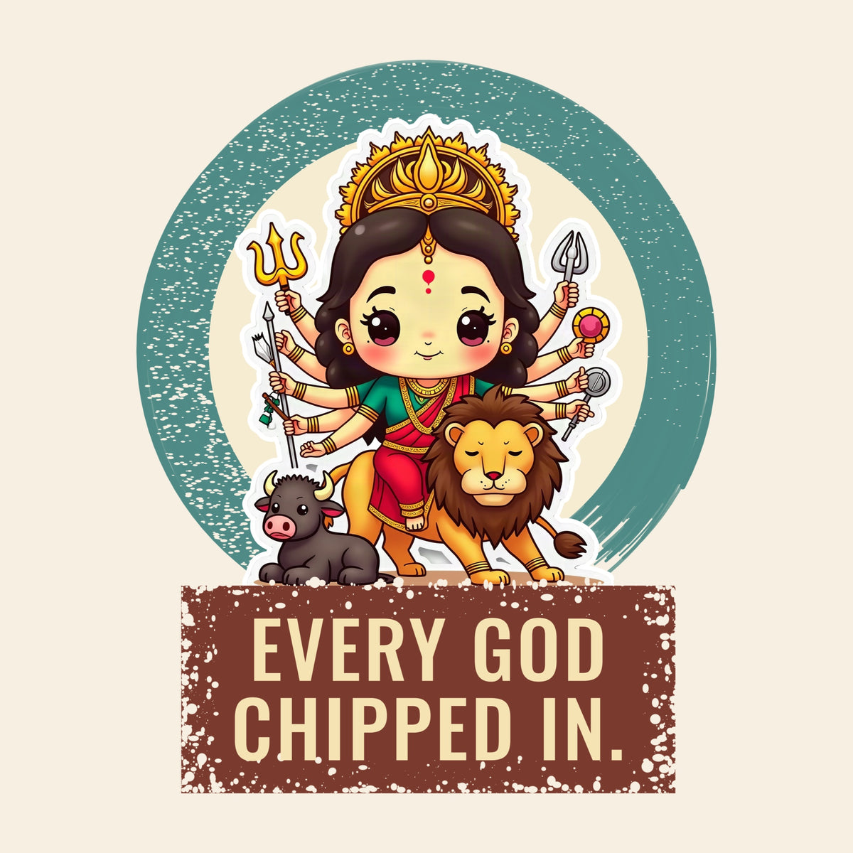 Design card: Durga, “Every god chipped in.”
