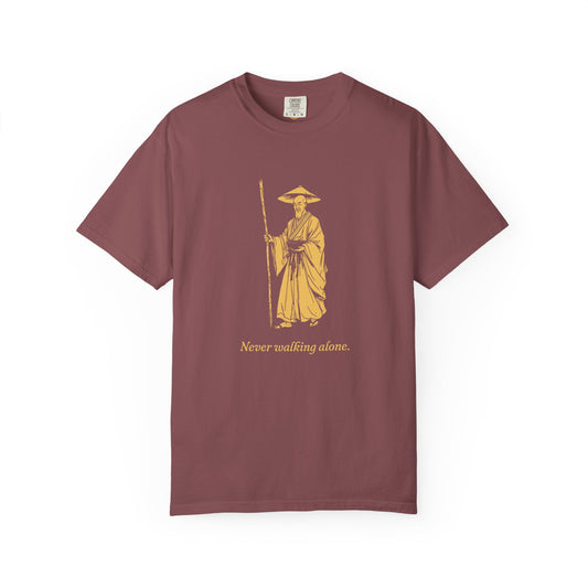 Kōbō Daishi · “Never walking alone.” — Garment-Dyed One-Ink Tee