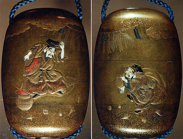 Lacquer inrō, 19th century, showing Ebisu and Daikoku dancing under New Year decorations, two of the Seven Lucky Gods.