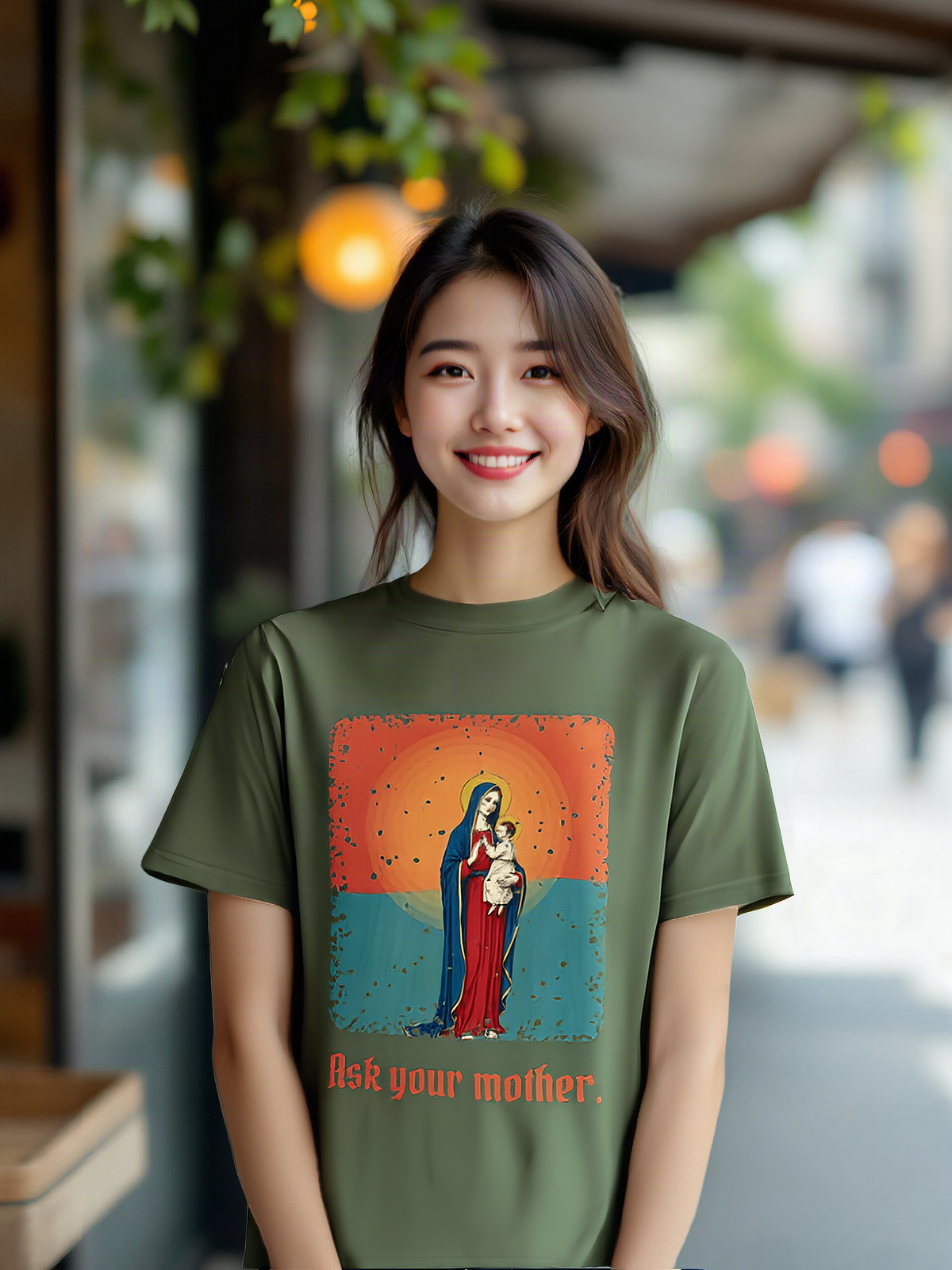 Mockup: AI-generated photo of the design worn by a model. The real shirt is printed to order; colours may vary slightly.